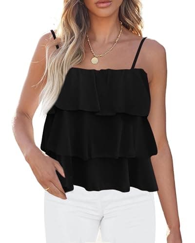 KIRUNDO Spaghetti Strap Ruffle Babydoll Peplum Tank Tops for Women 2026 Summer Cute Flowy Beach Vacation Cruise Outfits(Black, Large) - Image 1