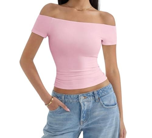 Women Off The Shoulder Tops Going Out Y2K Summer Sexy Double Line Shirts Slim Fitted Tops for Woman Trendy Basic Blouse Shirt Club Outfits Blusas para Mujer Casuales y Elegantes Pink