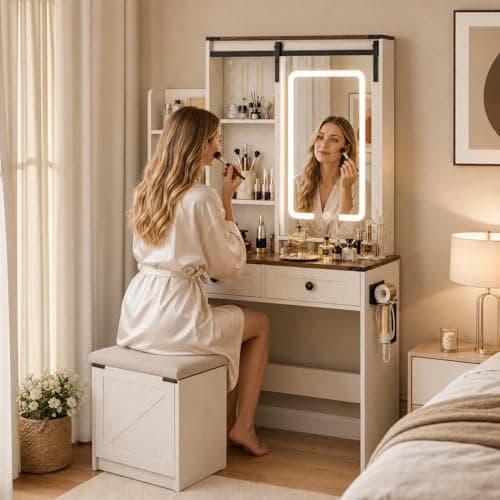 YBXGO Brown Vanity Desk with Mirror and Lights, Makeup Desk with Hair Dryer Rack, Charging Station, Adjustable Shelves, Wood Dressing Table for Bedroom (041 Brown no Bench, 43.31 * 15.75 * 58.86in) - Image 1