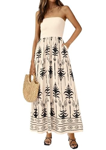 PRETTYGARDEN Women's Strapless Maxi Dress 2026 Summer Floral Tube Top Dress Long Flowy Boho Beach Wedding Dresses (Floral Apricot Black,Large) - Image 1
