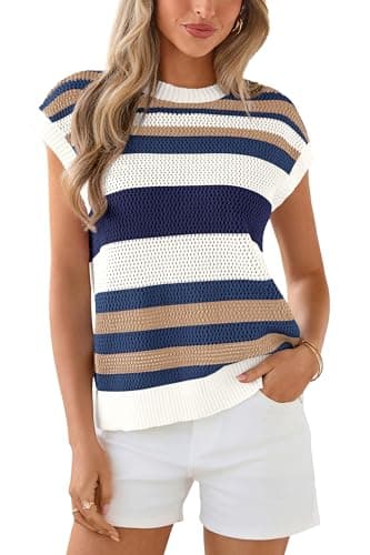 dowerme Womens Spring Tank Tops 2026 Cute Cap Sleeve Crewneck Color Block Crochet Sweater Vest Striped Summer Outfits(Striped Navy White,X-Large) - Image 1
