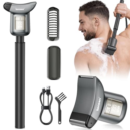 kensen Back Hair Trimmer – 2-in-1 Dual Blade (Foil + T-Blade) LED Power Display IPX6 Waterproof Type-C Fast Charging Extendable Handle for Men’s Body Grooming for Back Chest Shoulders Foot Hair