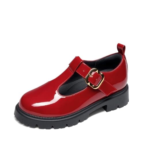 DREAM PAIRS Girls Mary Jane Dress Shoes School Uniform T-Strap Loafers Platform Chunky Heel Closed Toe Flats,Size 4 Big Kid,Red,SDFA26025K - Image 1