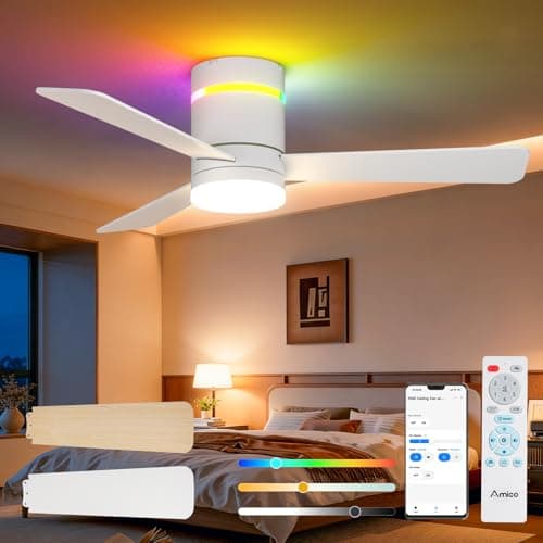 Amico 42‘’ RGB Ceiling Fans with Lights, Low Profile Flush Mount Small Ceiling Fan, Remote Control/APP Control, 3CCT, Reversible, Bedroom, Living Room, Kids Room, White - Image 1