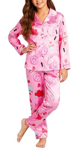 PATPAT Kids Girls Satin Pajama Set with Storage Bag - Silky Long Sleeve Sleepwear with ButtonDown Top and Pants,Sweet Pink Size 13-14 Years - Image 1