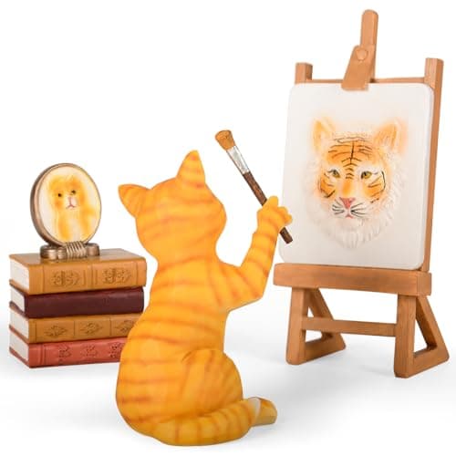 VOFSTAND Resin Cat Painting Self-Portrait Figurine Set - Whimsical Tiger Art Decor for Cat Lovers, Inspirational Desk Ornament with Easel & Books (Heavy Duty, Gift Ready Packaging)