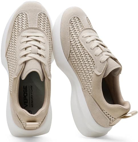 Vepose Women's Beige Lightweight Platform Sneakers Chunky Casual Tennis Shoes, Memory Foam Non Slip, Suede Raffia Lace Up, Everyday Walking Travel Office Size 6.5(CJY8216 Beige 06.5) - Image 1