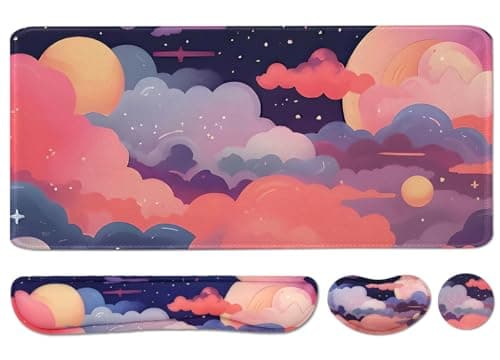 Large Mouse Pad Set, Cute Extended Mouse Pad+Keyboard Wrist Rest Support Desk Pad Memory Foam Ergonomic Easy Typing, 35.4×15.7 in Desk Mat Set for Home Office Study Game - Cloud - Image 1