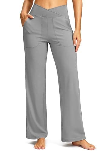 Soothfeel Wide Leg Pants Woman Yoga Pants with Pockets Crosscover High Waist Stretch Work Lounge Casual Dress Sweatpants Light Grey - Image 1