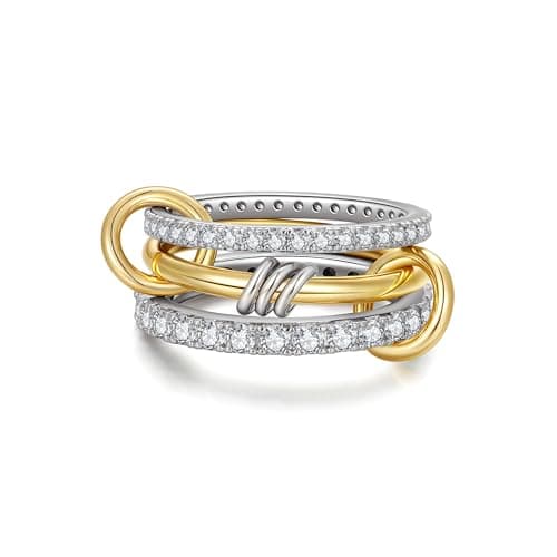 TLY Gold Silver Stackable Rings for Women Mixed Metal Interlocked Statement Ring Stack 14K Gold Plated Cubic Zirconia Fashion Two Tone Connected Bands Size 4-11 Valentines Day Jewelry gifts - Image 1