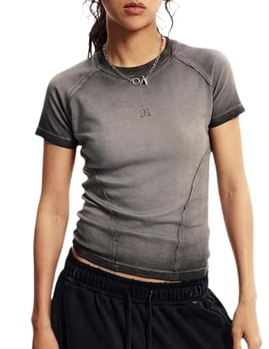 Aelfric Eden Womens Basic T Shirts Summer Tops 2026 Crop Short Sleeve Slim Fit Tee Gradient Color Acid Wash Gym Workout Black - Image 1