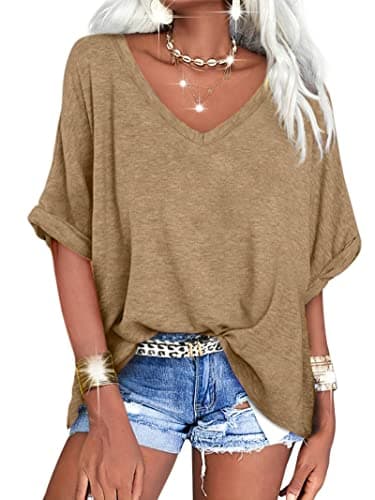 Langwyqu Women's Oversized T Shirts V Neck Short Sleeve Summer Casual Loose Tops Tees Khaki - Image 1