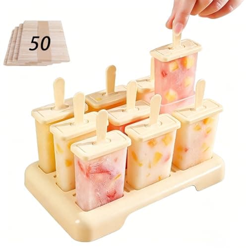 Popsicle Molds Set 9 Pieces with 50 disposable wooden sticks-BPA Free,Easy-Release Ice Pop Molds,Homemade Ice Cream Molds(Beige)