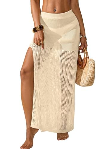 BreathSunny Womens Crochet Knit Elastic Waist Swimsuit Coverup Summer 2026 Trendy Outfits Hollow Out Sheer Side Slit Mesh Swimwear Coverups Beach Swim Bathing Suit Cover Up Maxi Skirt Apricot S - Image 1