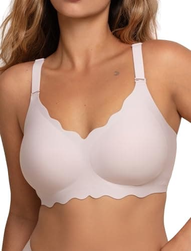 COMFELIE Seamless Wireless Bra No Underwire Deep V Neck U‑Shape Back Lace Trim Pink L - Image 1