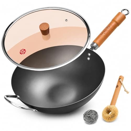 WANGYUANJI 13.4 Inch Carbon Steel Wok Pan with Glass Lid, Flat Bottom Chinese Stir Fry Wok for Induction, Gas and Electric Stoves, Uncoated Iron Wok for Stir Frying, Sautéing and Deep Frying