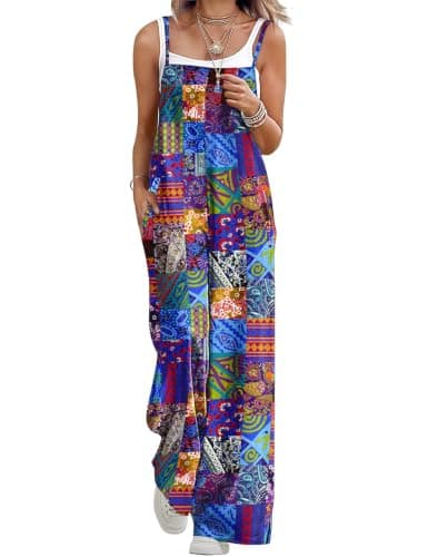 BOHOWE Womens Floral Outfits Plus Size Jumpsuits Loose Casual Wide Leg One Piece Sleeveless Summer Overalls Adjustable Straps Long Pant Rompers 2XL HPZ P002B - Image 1
