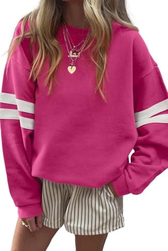 KevaMolly Women Varsity Striped Drop Shoulder Sweatshirt Rose Red XL - Image 1