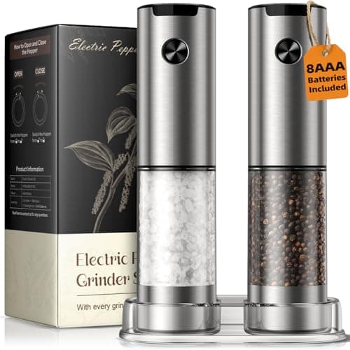Electric Salt and Pepper Grinder Set, Battery Automatic Salt and Pepper Shaker with Adjustable Coarseness, Large Capacity Pepper Mill with LED Kitchen Appliances(Battery-Stainless Steel) - Image 1