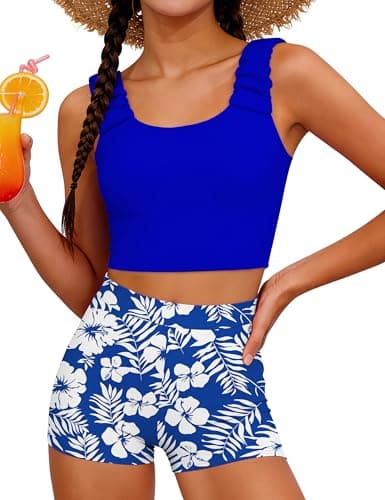 GEMLON Girl Bathing Suit Blue Cross Back Ruched Straps Tank with Floral Printed Shorts Girls 2 Piece Bathing Suits for Girls 10-12 - Image 1