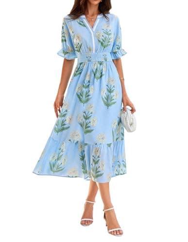 GRACE KARIN Womens Summer Floral Maxi Dress 2026 Casual Ruffle Short Sleeve Boho Dress A Line Flowy Dresses with Pockets Blue Yellow Flower L - Image 1