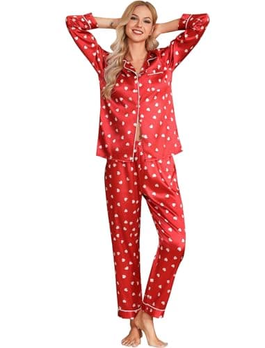Leikar Satin Valentines Pajamas For Women Long Sleeve Sleepwear Button Down Red Silk Pjs - Image 1