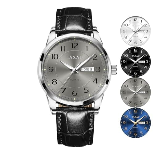 Taxau Mens Leather Watch Luxury Men's Wrist Watches Large Arabic Numerals Analog Quartz Waterproof Watch for Men Date Day Luminous Classic Mens Watch Grey Face Relojes para Hombres - Image 1