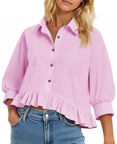 Cicy Bell Womens Cropped Button Down Shirts 3/4 Length Sleeve Casual Cotton Blouses Loose Fit Ruffle Hem Tops Pink - Image 1