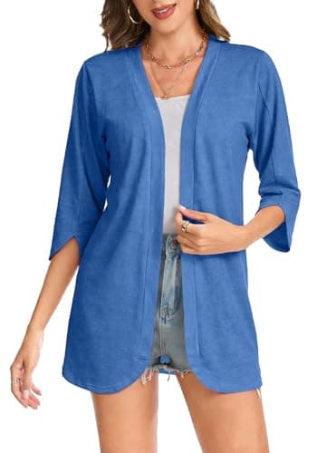 Bosmeer Womens Cardigan 3/4 Length Sleeve Tops Lightweight Kimono Coverup Summer Outfits for Women Dressy Casual Blue XXL - Image 1