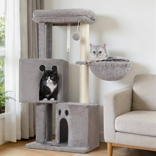 Small Cat Tree Tower for Indoor Cats, 40 in Compact Adults Cat Beds Trees with 2 Condos, Sisal Scratching Post, Large Perch Platform, Multi-Level Kitty Kitten Climbing Stands House(Light Grey) - Image 1