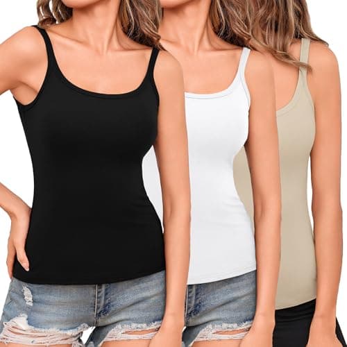 Totatuit Women Scoop Neck Ribbed Tank Tops 3 Pack Camisole Top Fitted Basic Layer Undershirts (Black, White, Nude) Large