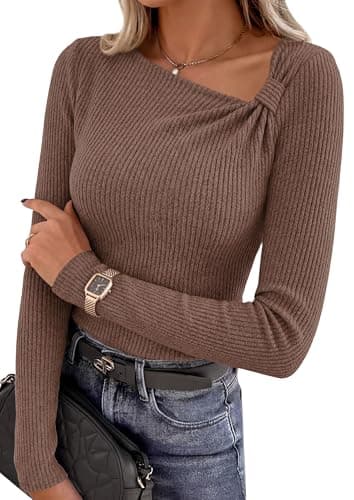 PRETTYGARDEN Womens 2026 Early Fall Fashion Long Sleeve T Shirts Asymmetrical Ribbed Fitted Trendy Going Out Tops Y2K Outfits (Brown,Large) - Image 1