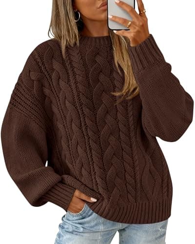 BTFBM Women's Oversized Sweaters 2025 Batwing Long Sleeve Cable Knit Crewneck Pullover Tops Fall Outfits Winter Clothing(Brown, Large) - Image 1
