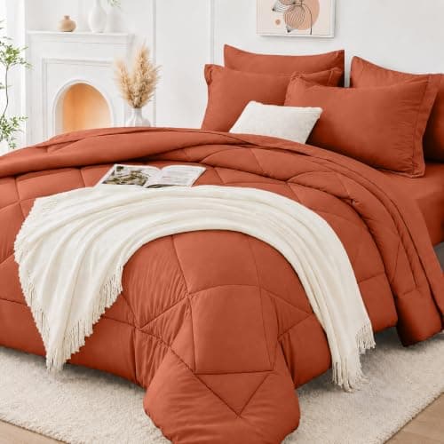 FUANNA 7 Pieces Full Size Comforter Sets, All Season Bedding Sets Full Size, Luxury Soft Bed in a Bag with Comforter, Flat Sheet, Fitted Sheet, Pillowcases & Pillow Shams, Burnt Orange - Image 1