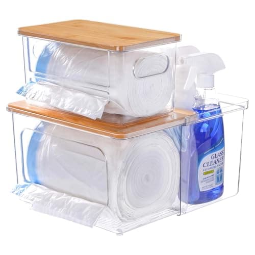 iCASA Trash Bag Dispenser Holder - 3 in 1 Acrylic Under Sink Organizer Garbage Bags Container with Bamboo Lid, Holds up to 100 Count 13/30/33 Gallon Bag Roll for Kitchen, Pantry, Laundry Room Storage - Image 1