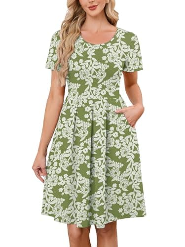 KORSIS Women Summer Dresses Short Sleeve Casual Round Neck A-Line Pleated Dress Beach Casual Vacation Sundress with Pockets (S-2XL) - Image 1