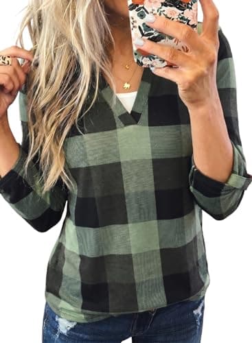 Dokotoo Women's Spring Fall Fashion Casual Ladies Basic Cotton Cuffed 3/4 Long Sleeve Plaid Print V Neck Work Tops Tunic Shirts and Blouses for Women 2026 Large - Image 1