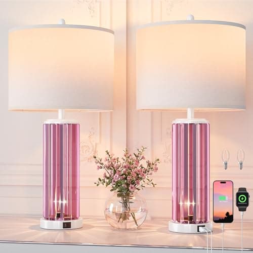 QiMH Table Lamps for Bedroom Set of 2 with Nightlight, Modern Bedside Lamp with USB A+C Charging Port, White Pink Nightstand Lamp for Living Room White Shade Home Decor, 2 Bulbs Included - Image 1