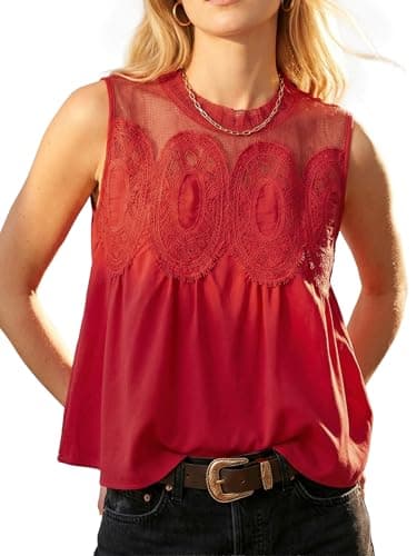 Funlingo Lace Mesh Tops for Women Crew Neck Swing Flared Embroidered Blouses Dressy Casual Tunic Shirt Summer Boho Red Peplum Top Red XS - Image 1