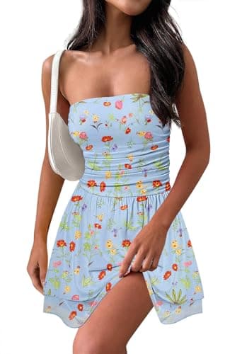 MEROKEETY Women's Summer Floral Strapless Tube Dress Boho Off Shoulder Ruffle Tiered Mini Sundress, Blue, Medium