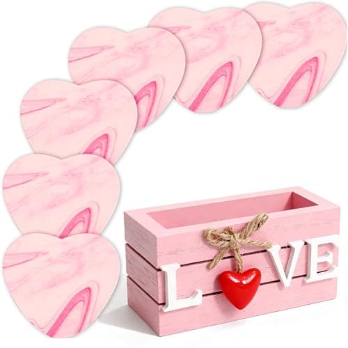 Heart Wooden Cup Coasters Set of 6, Cute Pink Drink Coaster with Holder for Home Table Office Desk, Birthday Gift Ideas for Wife and Girlfriends, Kawaii Pink Living Room Decor for Daughter - Image 1