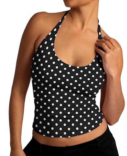 REORIA Women's Tie Halter Tank Tops Basic Scoop Neck Backless Double Lined Going Out Outfits Cute Summer Trendy Sleeveless Shirts Black White Polka Dot - Image 1