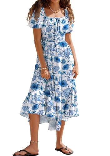 Summer Dresses for Women 2026, Casual Boho Floral Maxi Wedding Guest Dress, Blue and White Long Flowy A Line Beach Dress S - Image 1