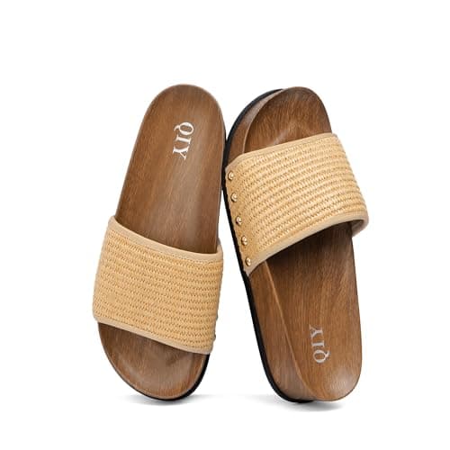 QIY Platform Sandals for Women Raffia Slip-on Studded Slides Natural Nude Ladies Arch Support Summer Casual Wedge Sandal Woven Apricot Beach Vacation Cushion Footbed Retro Comfortable Shoes Size 9 - Image 1