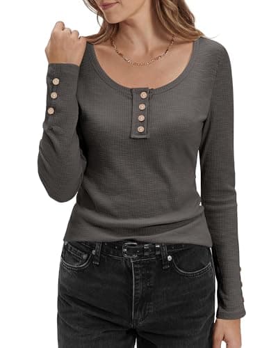 Stelle Women's Henley T Shirts Long Sleeve Button Down Blouse Loose Fit Tops Scoop Neck Ribbed Knit Shirts Charcoal X-Large - Image 1