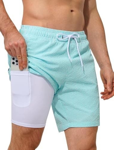 SILKWORLD Mens Swim Trunks 7" Bathing Suit Swimming Trunks for Men Swim Shorts Quick Dry Board Shorts Seersucker Swimwear for Beach Pool with Pockets Green Stripe S - Image 1