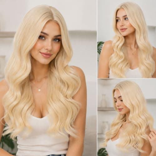 Barbique Blonde Synthetic Long Wavy Wig for Women, 613 Middle Part Lace Wig, Heat Resistant 24 Inch Glueless Wig for Everyday Use