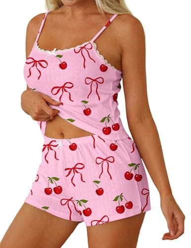 Ekouaer Women Pajama Sets 2 Piece Cute Cami Sleepwear Lace Trim Pj Top Soft Summer Lounge Shorts Sexy Lingerie Bow & Cherry L - Image 1