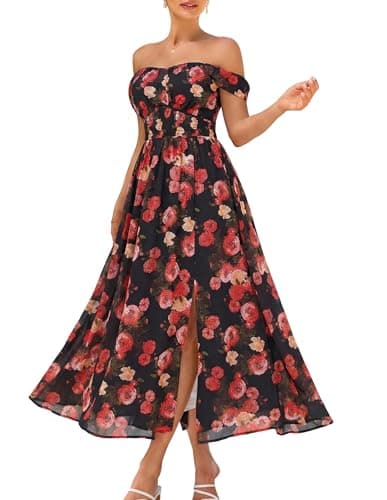 GRACE KARIN Summer Floral Dress for Women 2026,Off the Shoulder Smocked Bridesmaid Dresses,Formal Baby Shower Maxi Dresses Black Red Rose XXL - Image 1