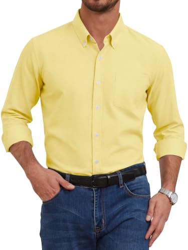GIANZEN Mens Light Pastel Yellow Dress Shirt Shirts for Men Long Sleeve Button Down Big and Tall Men's Casual Business Oxford Light Yellow Size M - Image 1